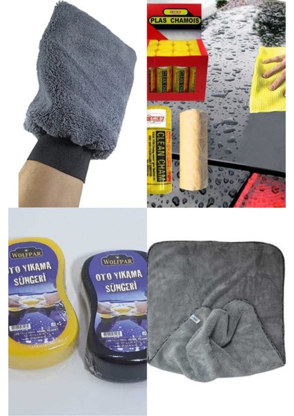 4 Lü Mikrofiber Oto Yıkama Seti Kurulama Bezi Cam Bezi Güderi Oto Eldiven Oto Sünger fiyatları