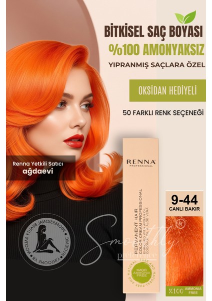 Amonyaksız Bitkisel Yıpranmış Saçlar İçin Saç Boyası 9-44 Canlı Bakır 60 ml