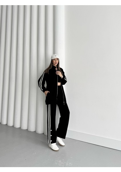 Siyah Kadın Dik Yaka Fermuar Kapamalı Yan Cep Detaylı Şeritli Pamuklu Bol Paça Örme Alt Üst Takım Siyah-S