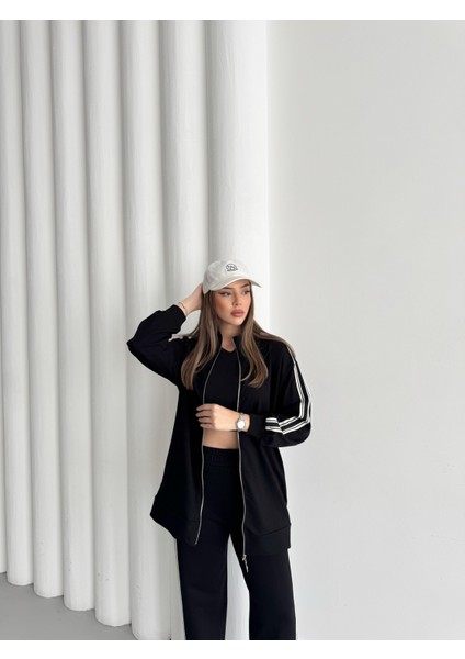 Siyah Kadın Dik Yaka Fermuar Kapamalı Yan Cep Detaylı Şeritli Pamuklu Bol Paça Örme Alt Üst Takım Siyah-S fiyatları