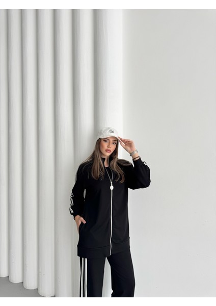 Siyah Kadın Dik Yaka Fermuar Kapamalı Yan Cep Detaylı Şeritli Pamuklu Bol Paça Örme Alt Üst Takım Siyah-S modelleri