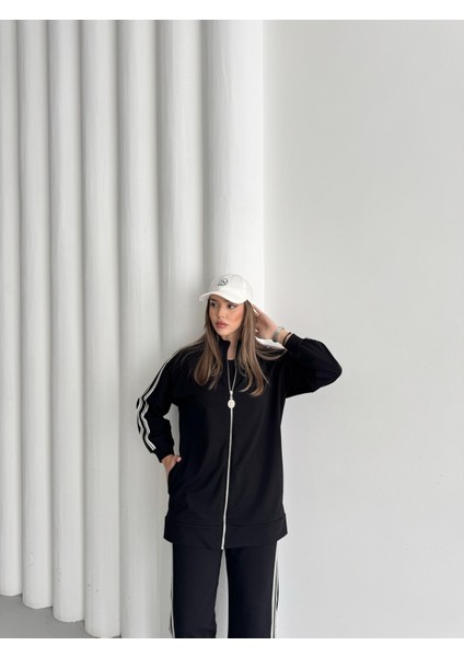 Siyah Kadın Dik Yaka Fermuar Kapamalı Yan Cep Detaylı Şeritli Pamuklu Bol Paça Örme Alt Üst Takım Siyah-S fırsatları