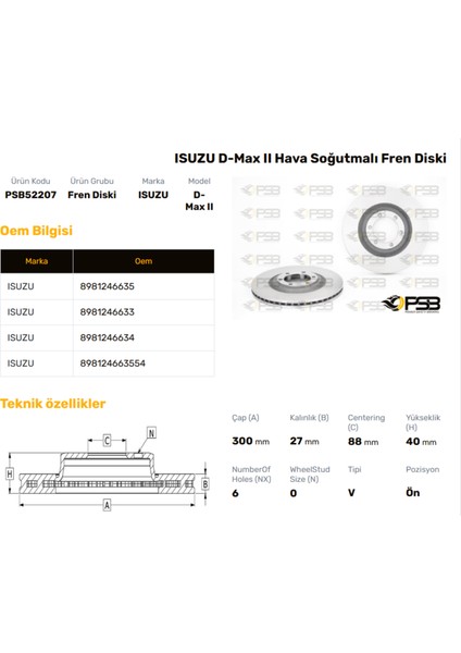 Fren Diski Ön 300MM Isuzu D-Max Euro V 2012- Oem Kodu - 8981246634-PSB52207