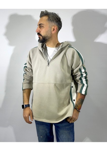 Şerit ve Düğme Detaylı Oversize Erkek Kapüşonlu Sweatshirt fiyatları