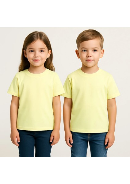 Unisex Basic Pamuklu Oversize Limon Sarısı Çocuk Tişört