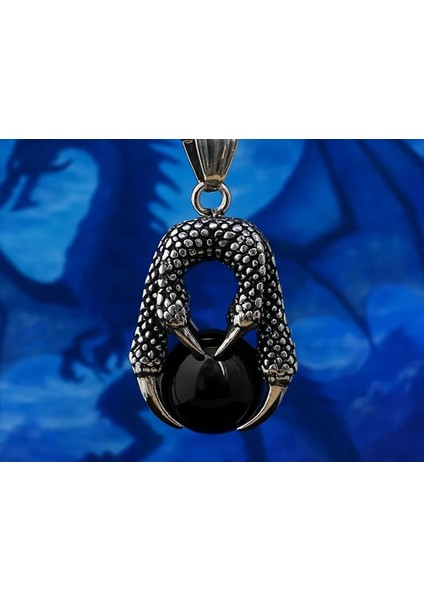 Paslanmaz Çelik Siyah Oniks Cam Detaylı Gotik Tasarım Ejderha Pençesi Kolye