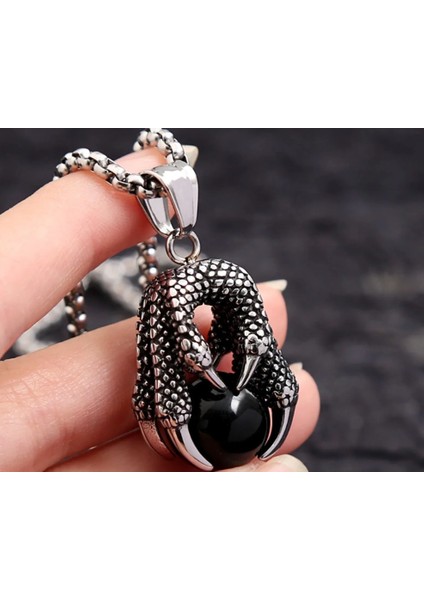 Paslanmaz Çelik Siyah Oniks Cam Detaylı Gotik Tasarım Ejderha Pençesi Kolye fiyatları