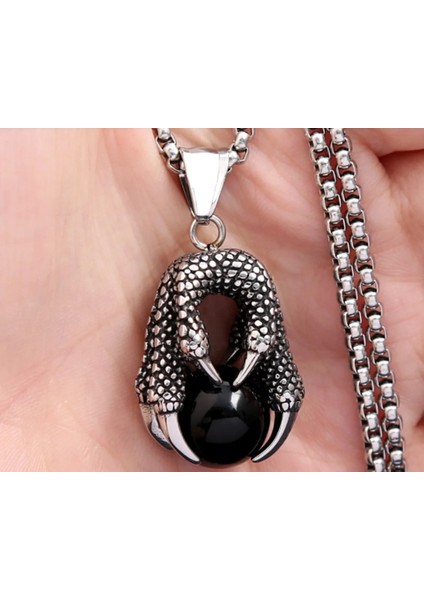 Paslanmaz Çelik Siyah Oniks Cam Detaylı Gotik Tasarım Ejderha Pençesi Kolye modelleri