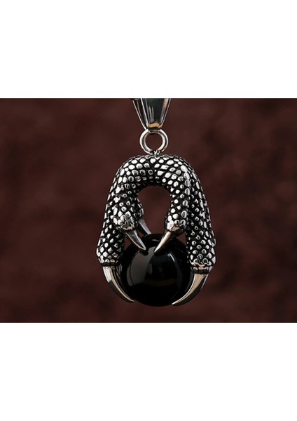Paslanmaz Çelik Siyah Oniks Cam Detaylı Gotik Tasarım Ejderha Pençesi Kolye fırsatları
