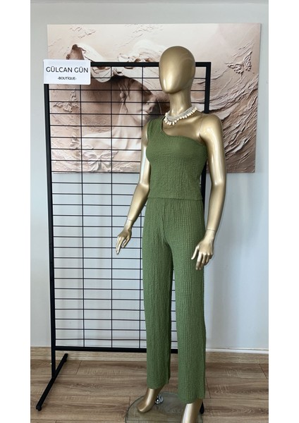 Kadın Yeşil Tek Omuz Bürümcük Kumaş Ikili Takım