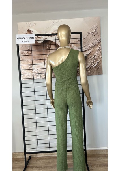 Kadın Yeşil Tek Omuz Bürümcük Kumaş Ikili Takım