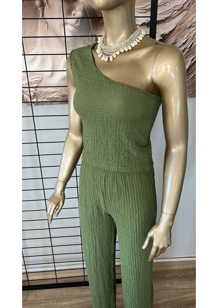 Kadın Yeşil Tek Omuz Bürümcük Kumaş Ikili Takım fiyatları