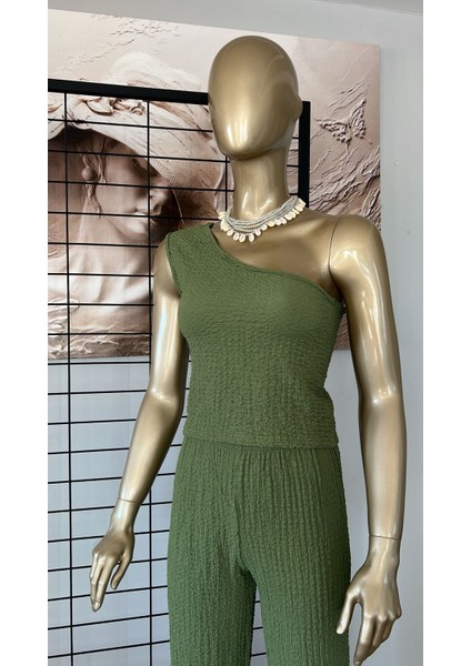 Kadın Yeşil Tek Omuz Bürümcük Kumaş Ikili Takım modelleri