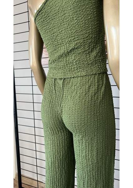 Kadın Yeşil Tek Omuz Bürümcük Kumaş Ikili Takım