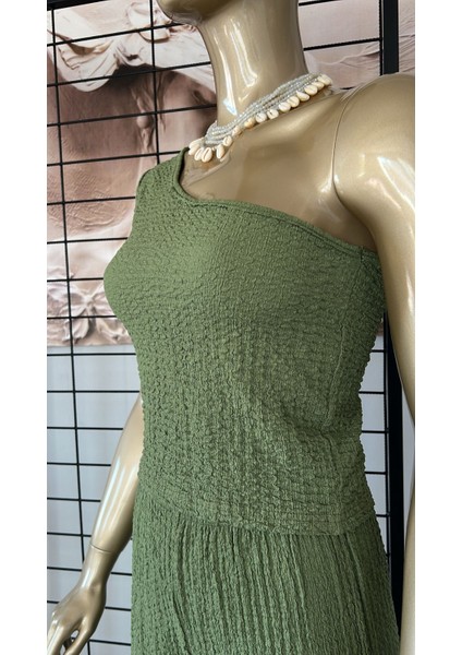 Kadın Yeşil Tek Omuz Bürümcük Kumaş Ikili Takım fırsatları