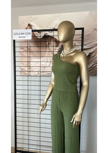 Kadın Yeşil Tek Omuz Bürümcük Kumaş Ikili Takım indirimleri