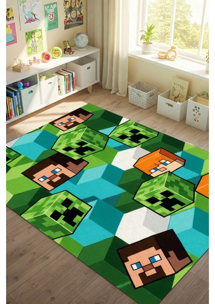 Oyun Halısı Dijital Baskılı Dokuma Kaymaz Tabanlı Yıkanabilir Antialerjik Alex Halısı Evcil Hayvan Dostu Çocuk ve Bebek Odası Halısı Minecraft Karakterleri Oyun Halısı