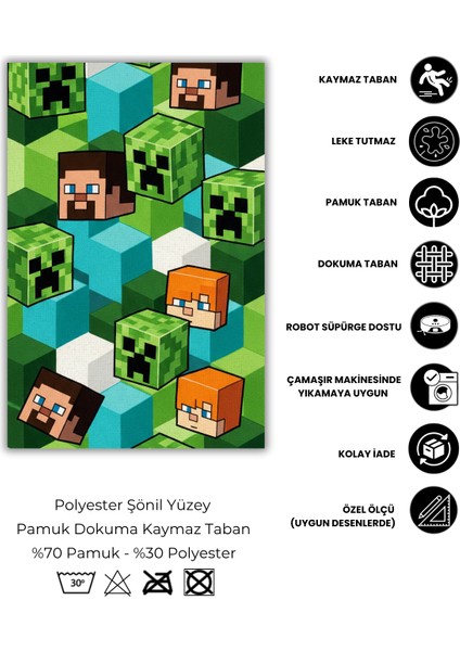 Steve Karakterli Halı Dijital Baskılı Dokuma Kaymaz Tabanlı Yıkanabilir Antialerjik Evcil Hayvan Dostu Oyun Odası Halısı