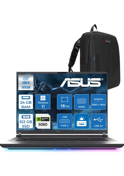 Rog Strix G18 G815JMR Intel Core I9 14900HX 24GB 512GB SSD 8GB/RTX5060 115W Gddr7 18" 2.5k (2560 x 1600, Wqxga) 240Hz 3ms Windows 11 Pro Taşınabilir BilgisayarZS9035P01+ZETTAÇANTA