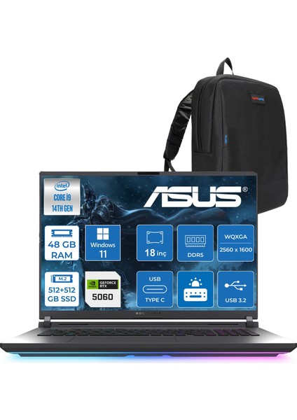 Rog Strix G18 G815JMR Intel Core I9 14900HX 48GB 512GB SSD+512GB SSD 8GB/RTX5060 115W Gddr7 18" 2.5k (2560 x 1600, Wqxga) 240Hz 3ms Windows 11 Pro Taşınabilir BilgisayarZS9035P18+ZETTAÇANTA