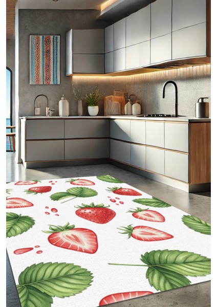Çilek Desenli Modern Halı Dijital Baskılı Dokuma Kaymaz Tabanlı Yıkanabilir Antre Halısı