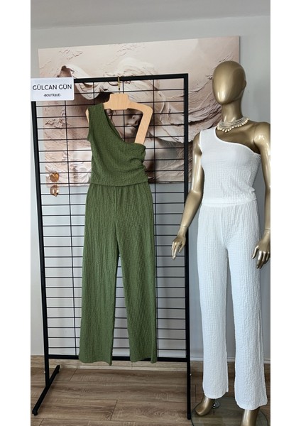 Kadın Yeşil Tek Omuz Bürümcük Kumaş Ikili Takım