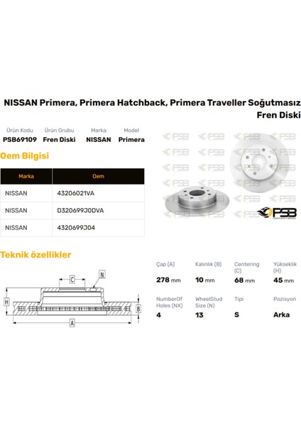 Fren Diski Arka 278MM Nıssan Prımera 1996-2002 Oem Kodu - 43206-99J04-PSB69109