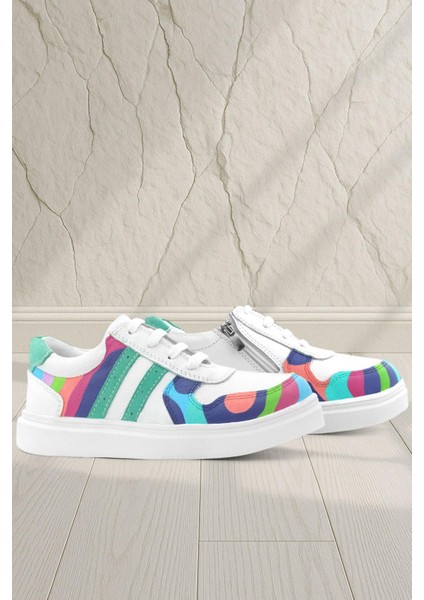 Tbons Özel Tasarım Hakiki Deri Beyaz Yeşil Bağcıklı Fermuarlı Çocuk Sneaker