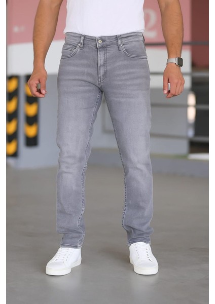 Erkek Gri Renk Regular Fit Rahat Kesim Esnek Likralı Denim Jeans Kot Pantolon