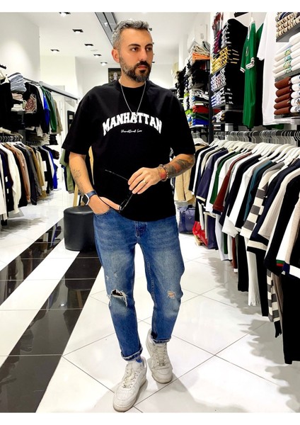 Oversize Manhattan Baskılı Erkek Tişört