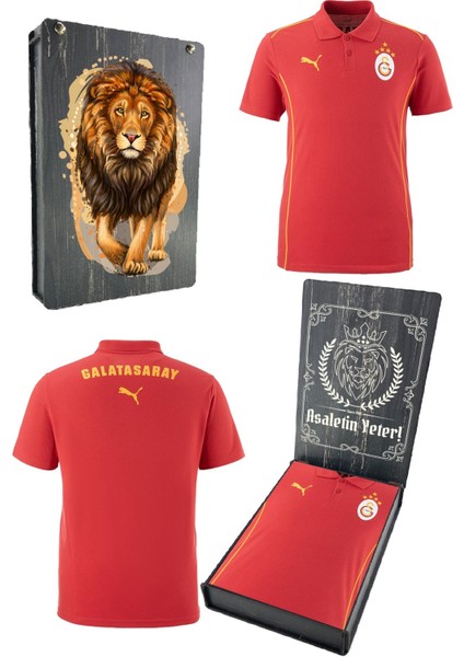 Gs Tsrt 006 Galatasaray Orijinal Lisanslı Polo Yaka Kırmızı Antrenman 5 Yıldızlı T-Shirt Gs Aslan Baskılı Hediyelik Ahşap Kutulu