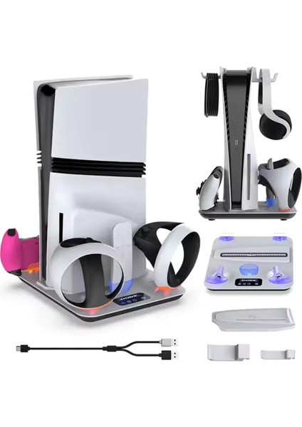Led'li Ps5 Dijital/ps5 Slim Disk Fonksiyonlu Stand. Fanlı Ikili Şarj Istasyonu VR2UYUMLU Askı Aparatlı