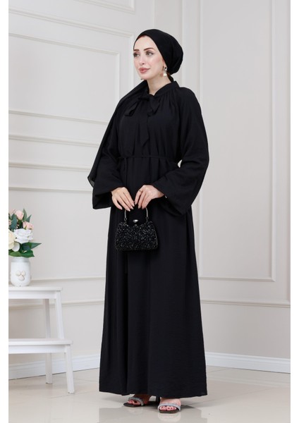 Yakası Bağcıklı Lara Elbise-Siyah