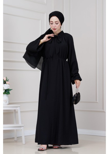 Yakası Bağcıklı Lara Elbise-Siyah modelleri