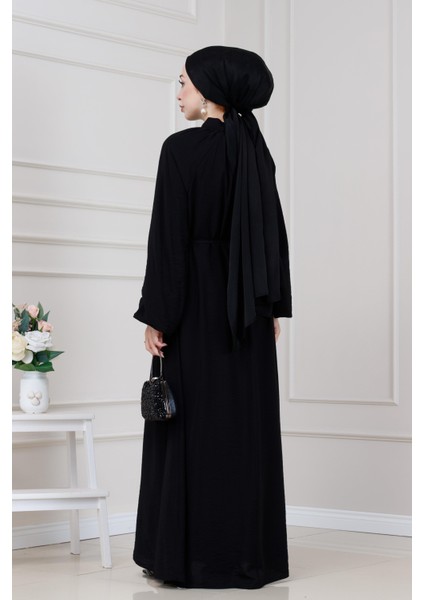 Yakası Bağcıklı Lara Elbise-Siyah indirimleri