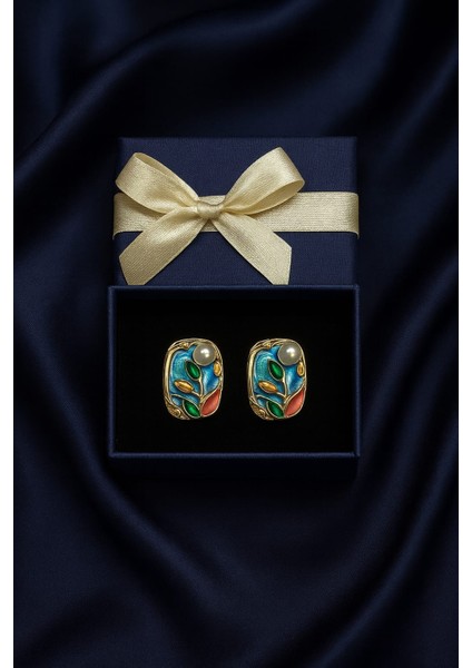 Sanatsal Desenli Renkli Mine Işlemeli Gold Çerçeveli Incili Küpe