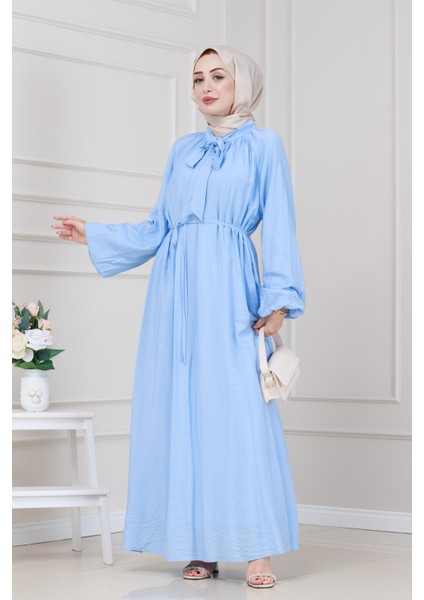 Yakası Bağcıklı Lara Elbise-Bebe Mavi