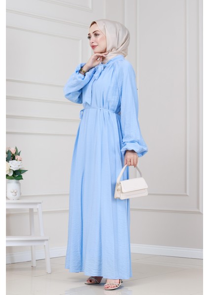 Yakası Bağcıklı Lara Elbise-Bebe Mavi modelleri