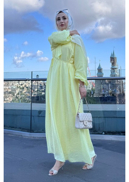 Yakası Bağcıklı Lara Elbise-Sarı