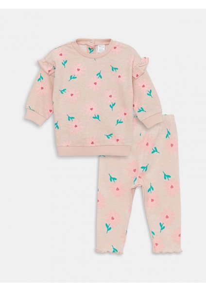 Lcw Baby Pembe Bisiklet Yaka Uzun Kollu Baskılı Kız Bebek Sweatshirt ve Tayt 2'li Takım