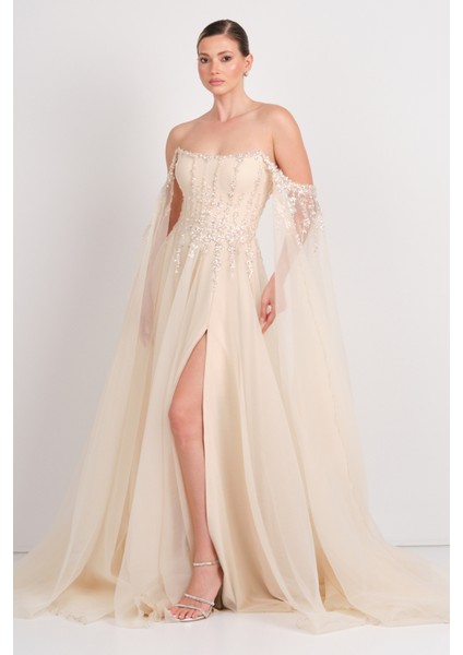Kadın Straplez Payet Işlemeli Kolları Pelerin Detaylı Uzun Abiye Elbise 5584 Şampanya fiyatları
