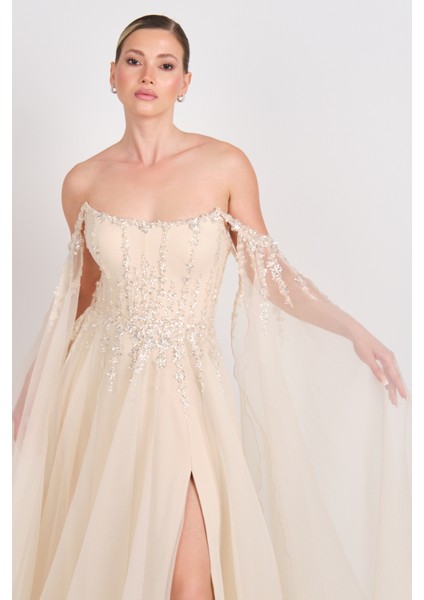 Kadın Straplez Payet Işlemeli Kolları Pelerin Detaylı Uzun Abiye Elbise 5584 Şampanya modelleri