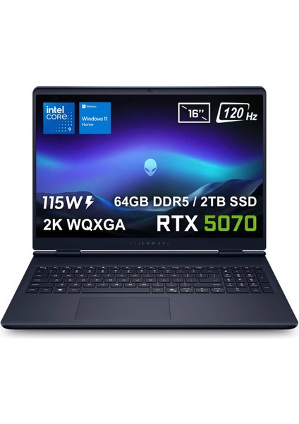 Alienware 16 Aurora Intel Core 9-270H 64GB DDR5 2TB SSD RTX5070 8GB 115W 16 inç 2K WQXGA 120Hz WVA windows 11 Home Taşınabilir bilgisayar (AC16250-C932157W-3)