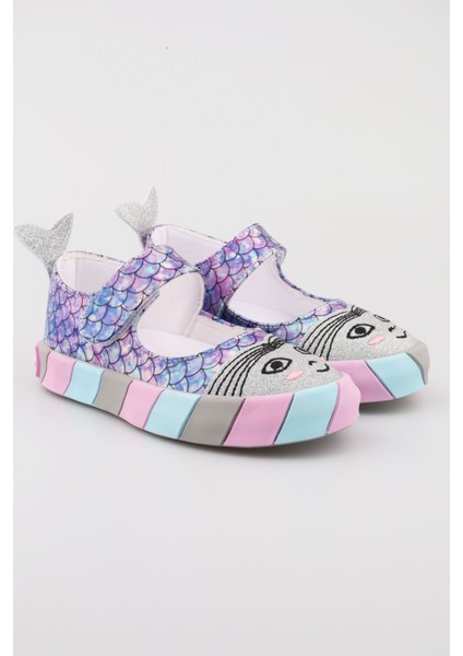 Unicorn Desenli Balık Figürlü Kız Çocuk Ayakkabı | Mor Renkli Babet | 26-30 Düz Topuk Özel Babet indirimleri