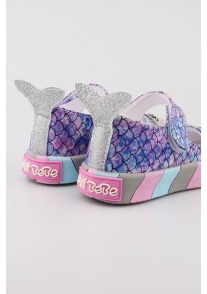 Unicorn Desenli Balık Figürlü Kız Çocuk Ayakkabı | Mor Renkli Babet | 26-30 Düz Topuk Özel Babet
