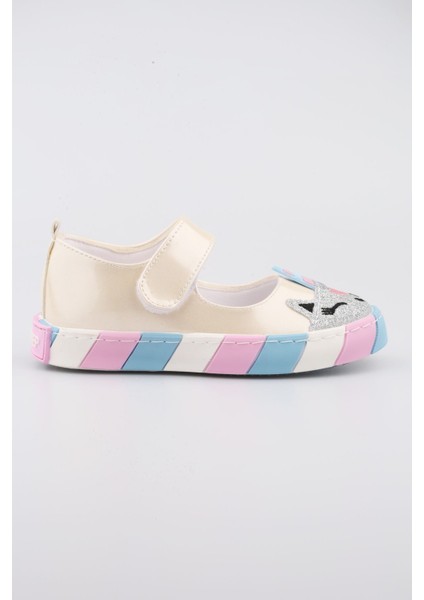 Unicorn Desenli Kız Çocuk Ayakkabı | Krem Renkli Babet | 26-30 Düz Topuk Özel Günlük Babet