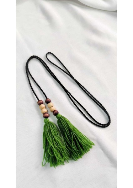 Siyah Kordonlu Tahta Bonculu Yeşil Renk Çift Taraflı Püskül