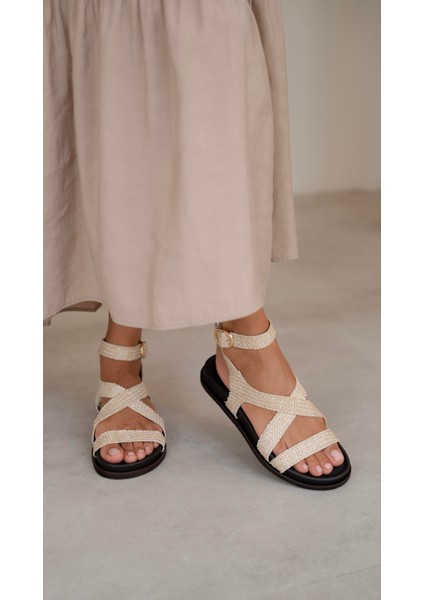 Rabiot Bej Hasır Hakiki Deri Sandalet