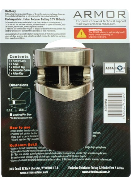 605MVA 5.5mm 120DB Alarmlı ve Şarjlı Disk Kilidi (Tüm Vespa Modelleriyle Uyumludur) modelleri