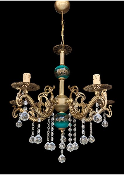 Beş Kollu Kristal Top Taşlı Eskitme Kaplamalı Mavi Siyah Çinili Metal Avize